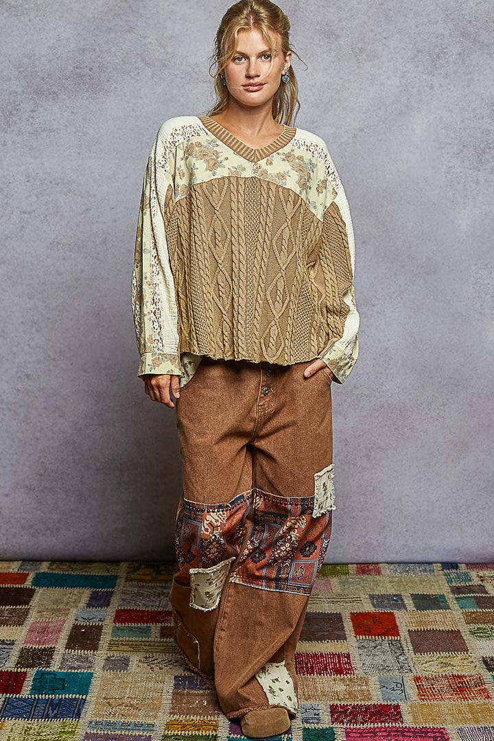 V-Neck Patchwork Sweater Top