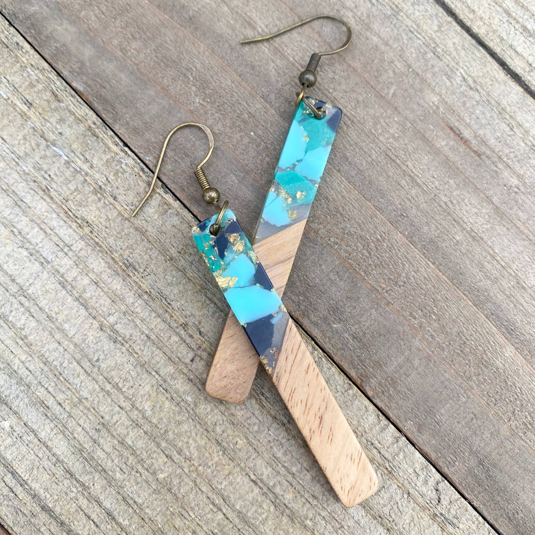 Aqua Gold Bohemian Earrings Long Boho Dangle Wood Resin