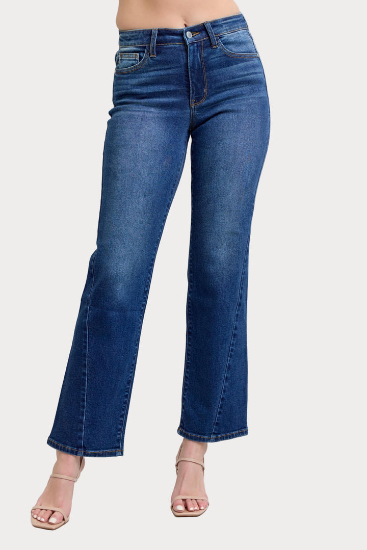 A pair of mid-rise straight leg jeans with side seam details, in a blue color.