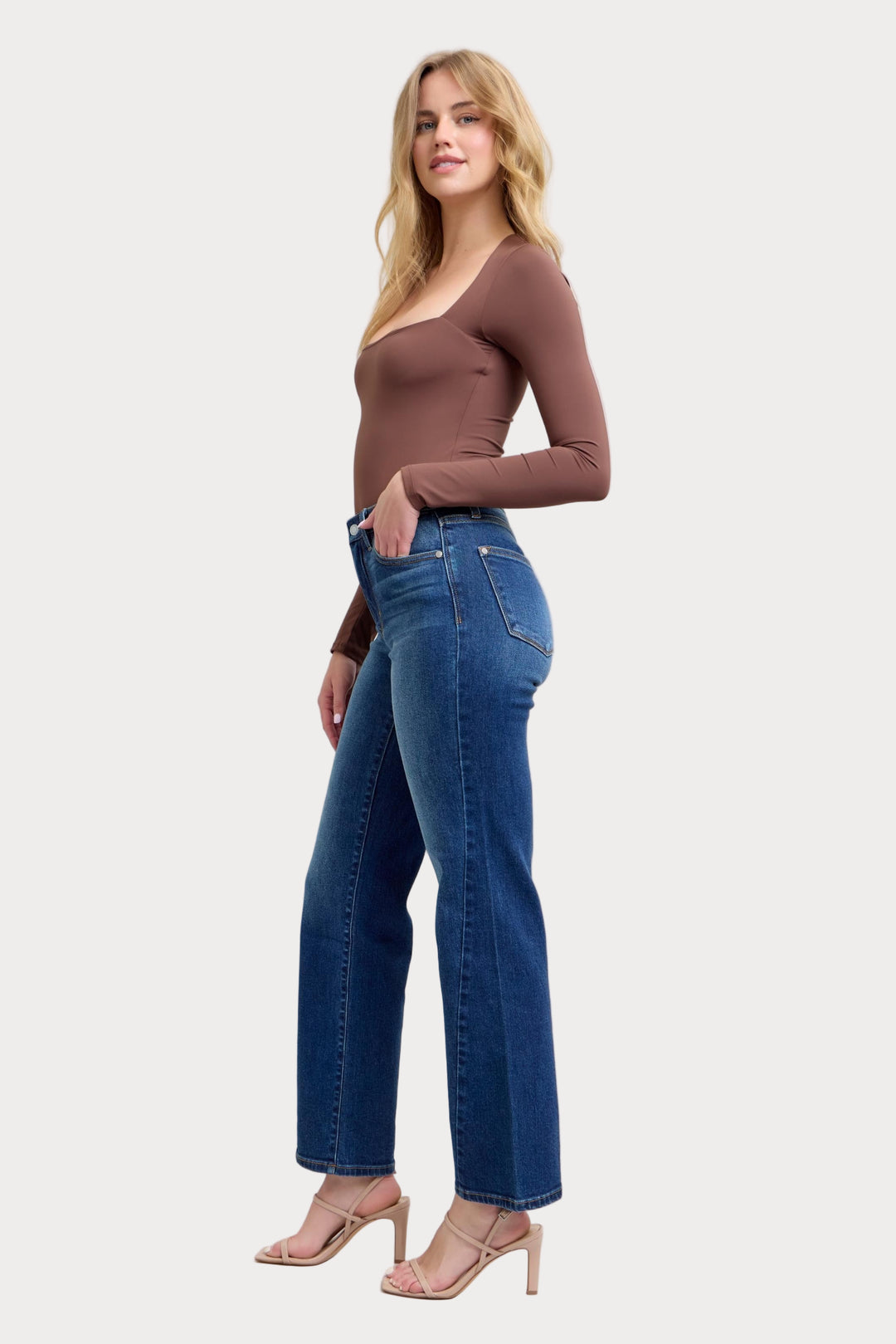 High Rise Front Seam Straight Leg Jeans