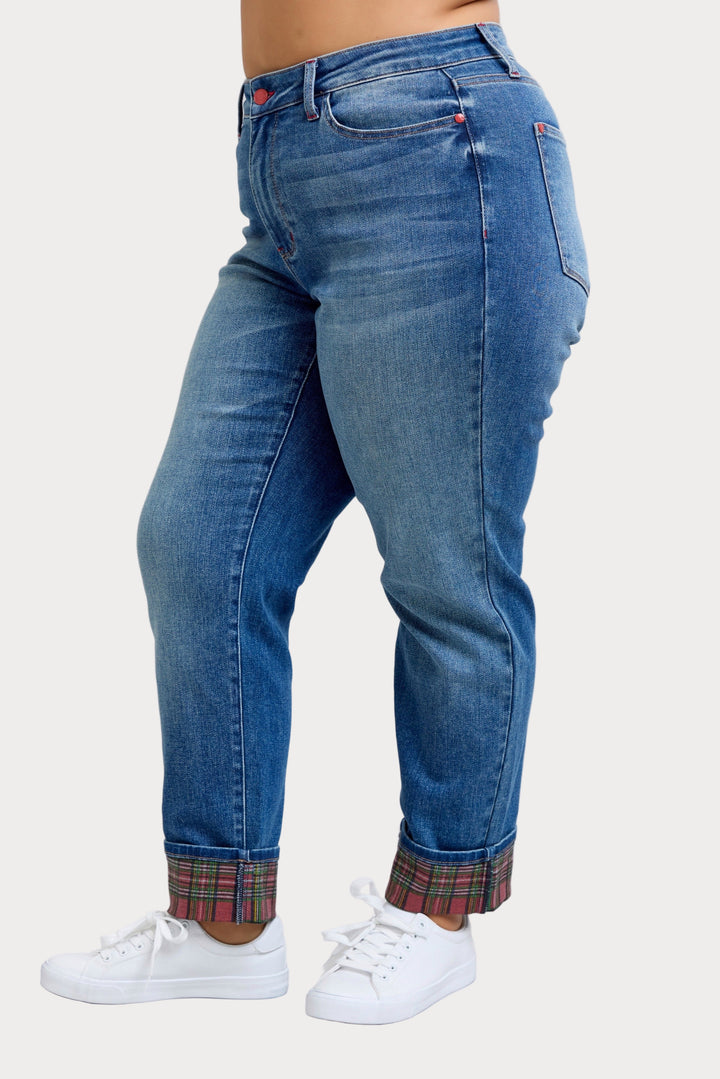 Plaid Cuff Boyfriend Jeans | Plus