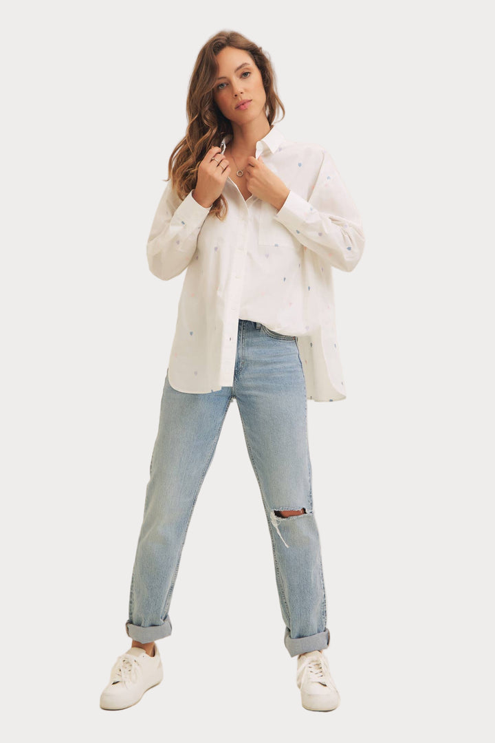 Heart Embroidered Button-Down Shirt | White with Pastel Details
