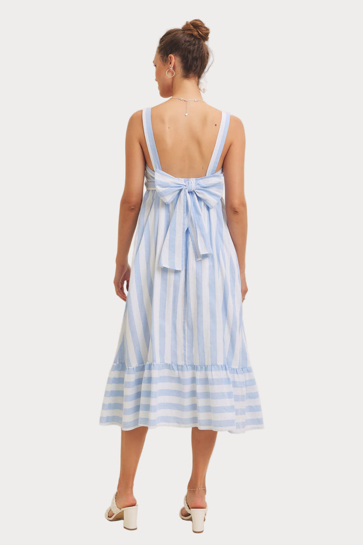 Blue & White Striped Midi Dress | Coastal Square Neck Tiered Dress
