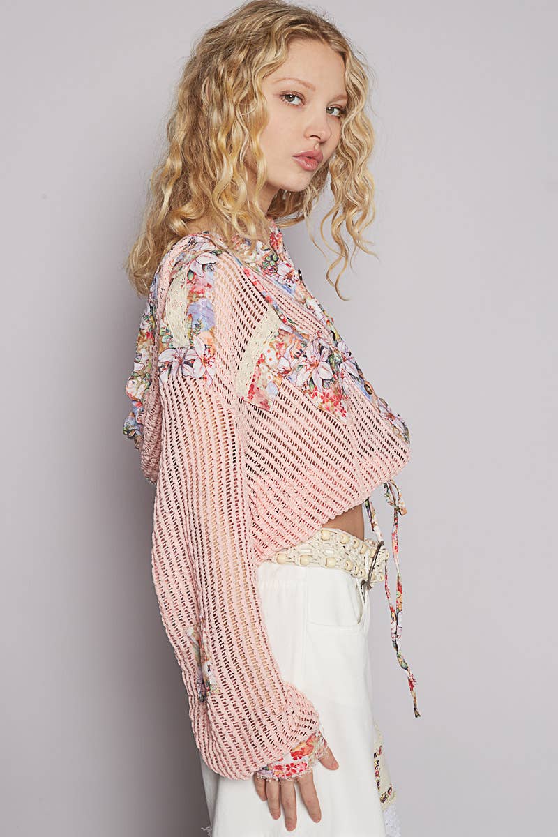 Boho Chic Lilac Mesh Button-Up Top with Floral Patchwork Detail