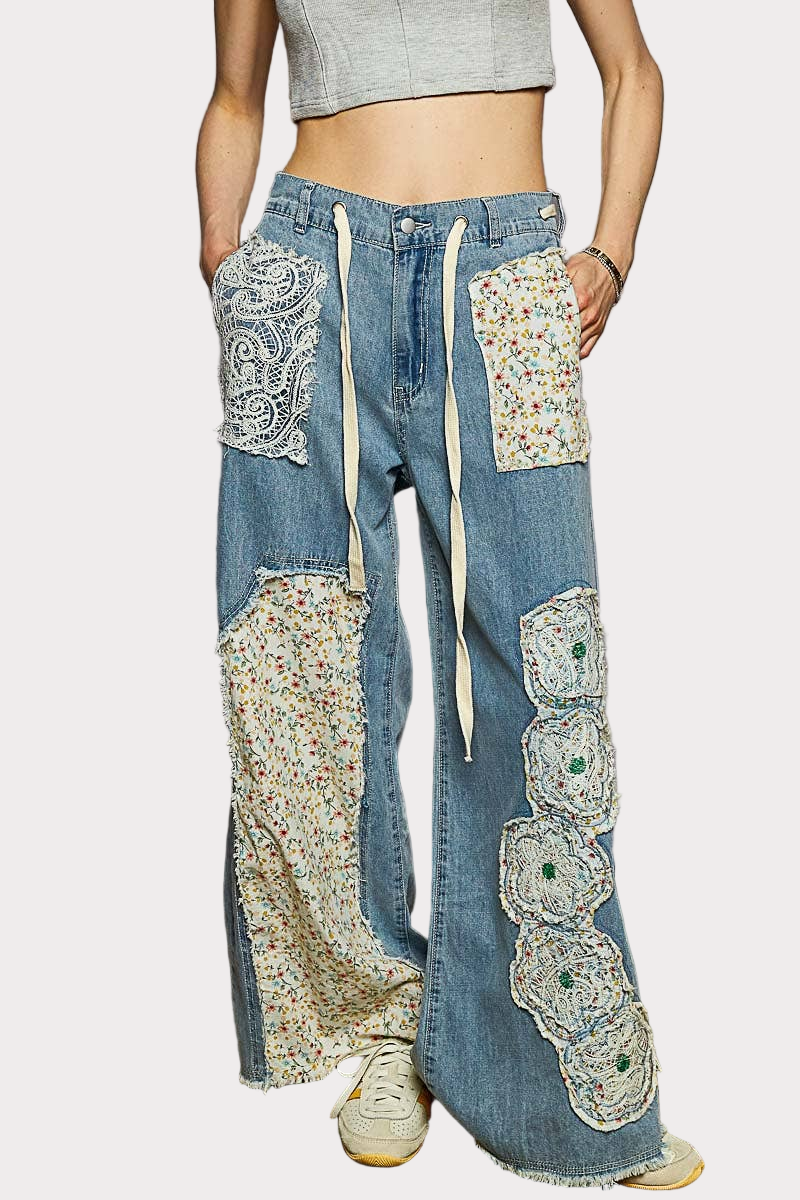 Drawstring Floral Patch Denim Pants – Effortless Boho Denim