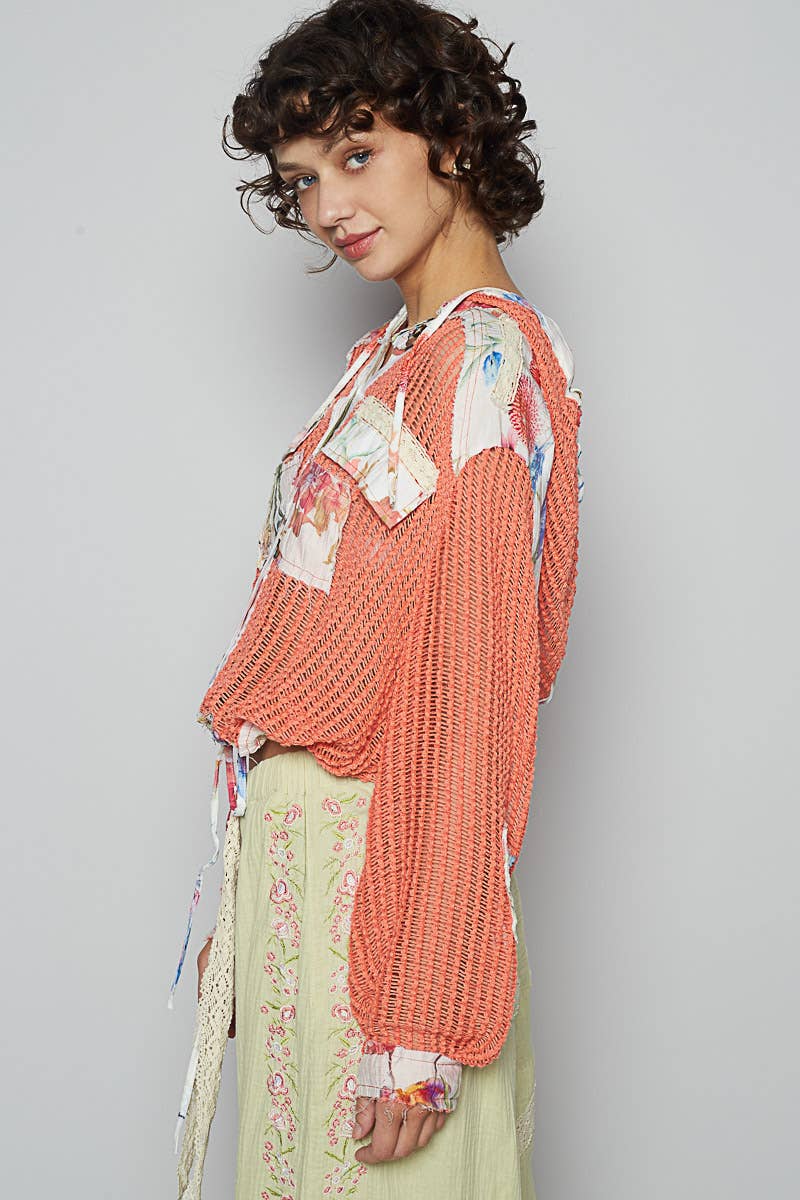 Boho Chic Lilac Mesh Button-Up Top with Floral Patchwork Detail