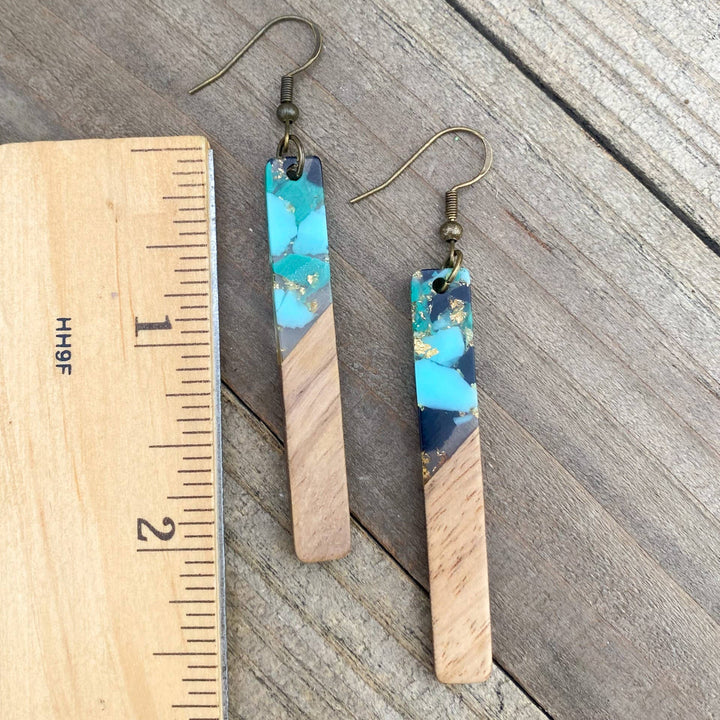 Aqua Gold Bohemian Earrings Long Boho Dangle Wood Resin
