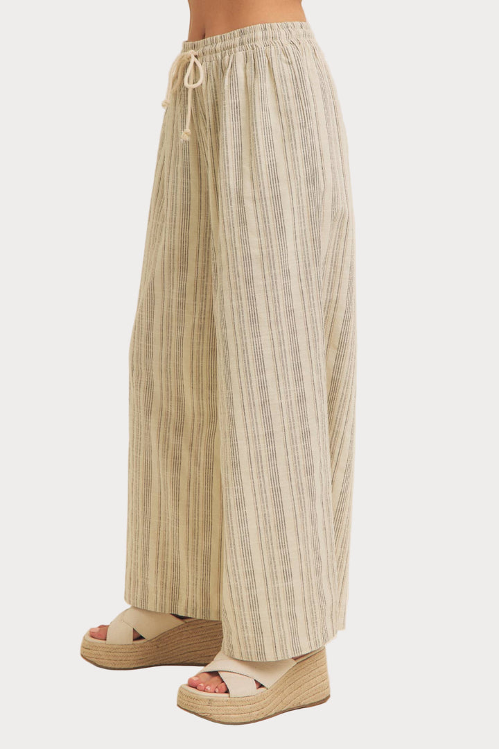 Striped Linen Wide Leg Pants | Cream & Black Drawstring Trousers-Leg Pants