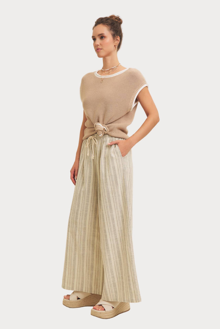 Striped Linen Wide Leg Pants | Cream & Black Drawstring Trousers-Leg Pants