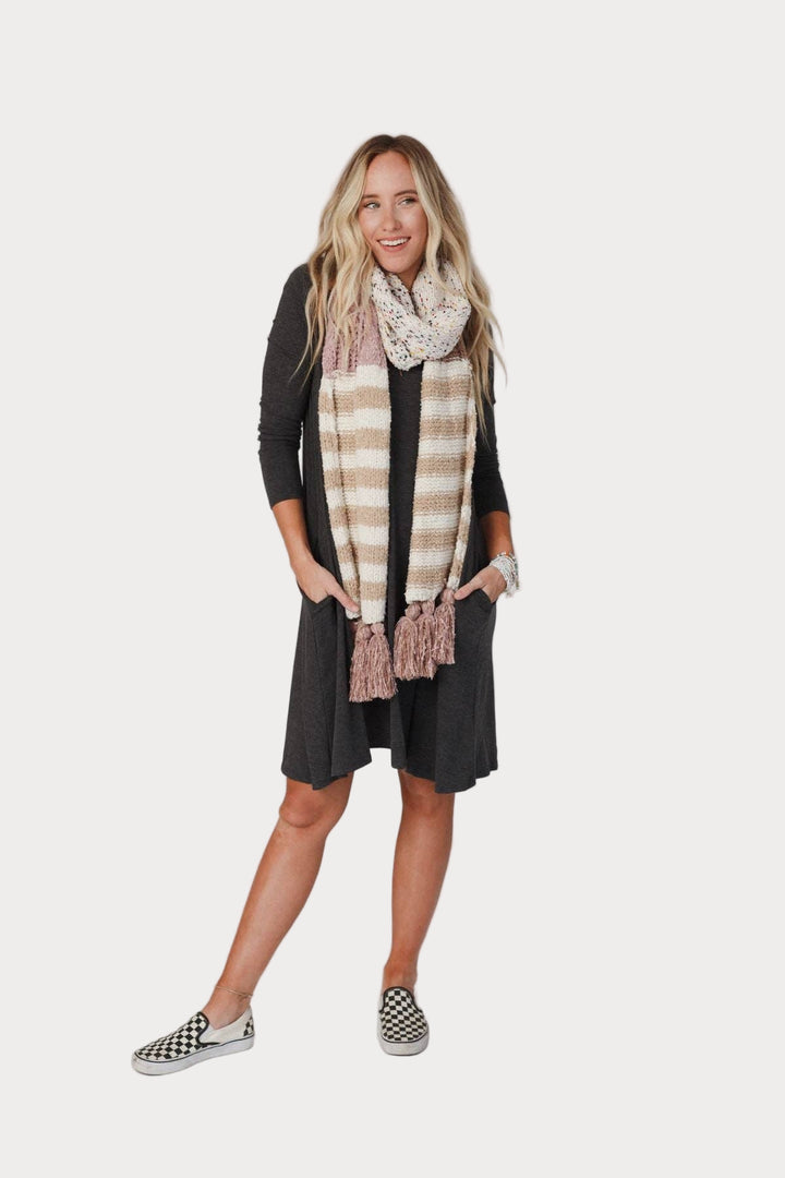 Boho Speckle Stripe Tassel Scarf – Cozy Textured Layers
