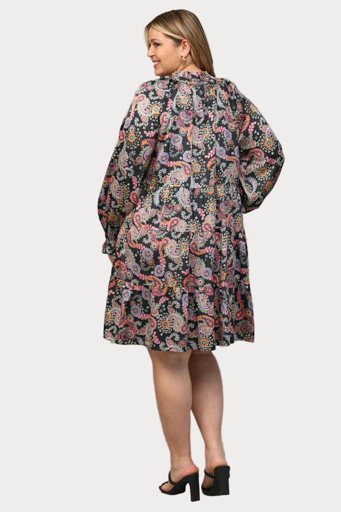 Plus | Paisley Print Satin Tiered Dress with Tie-Neck