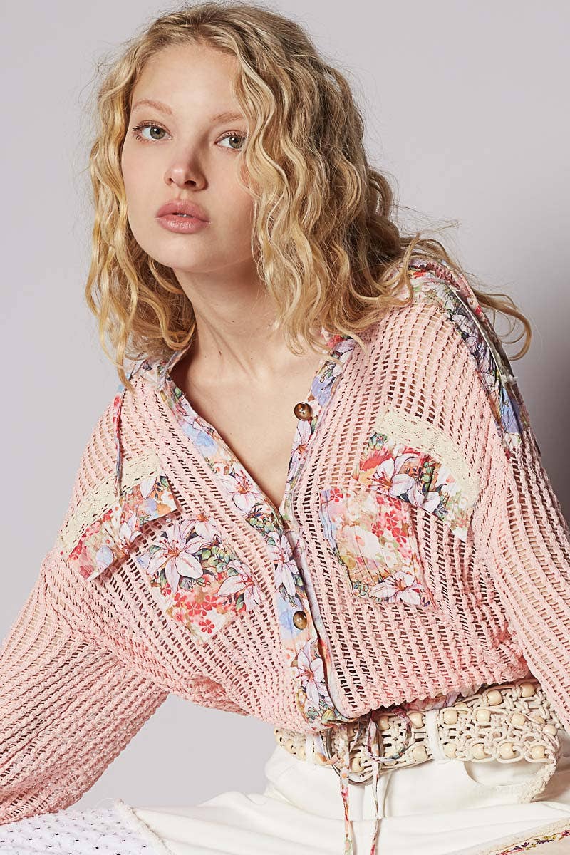 Boho Chic Lilac Mesh Button-Up Top with Floral Patchwork Detail