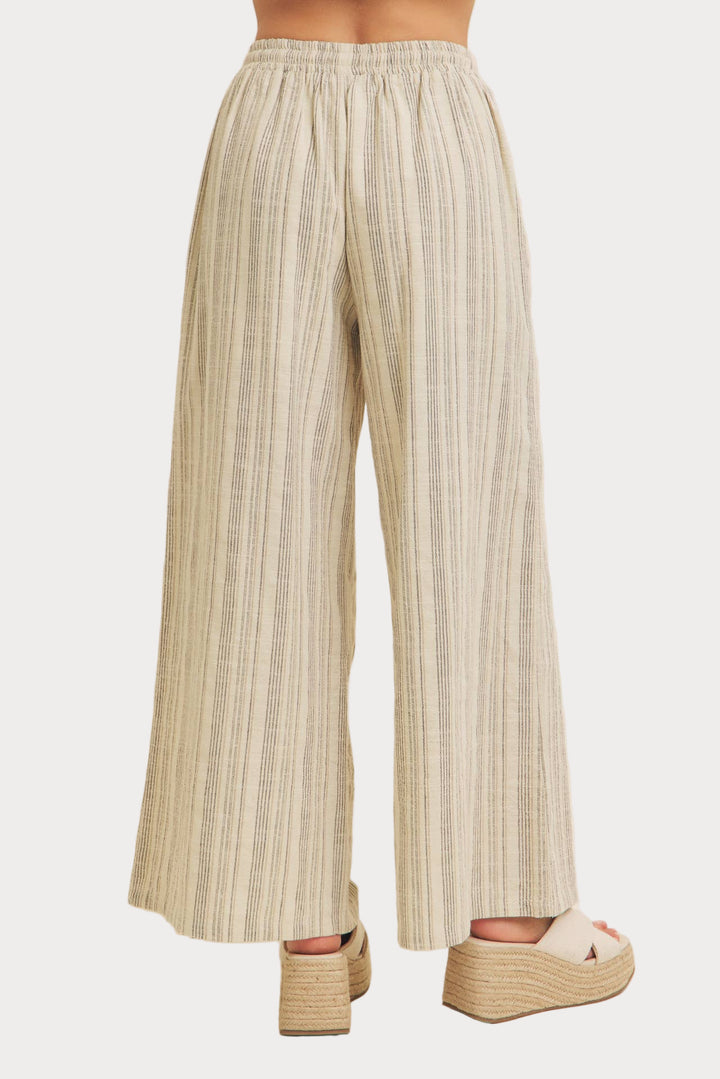 Striped Linen Wide Leg Pants | Cream & Black Drawstring Trousers-Leg Pants