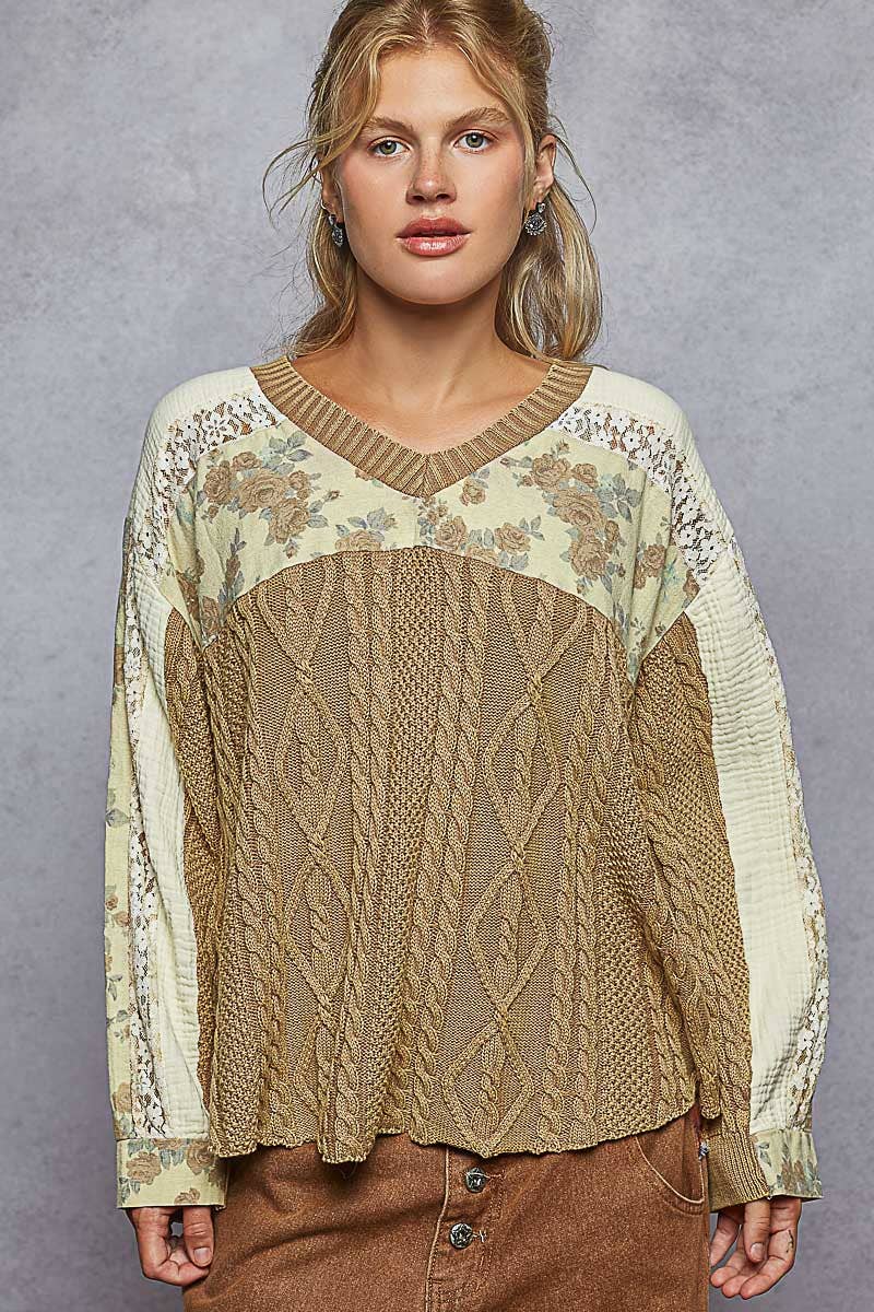 V-Neck Patchwork Sweater Top