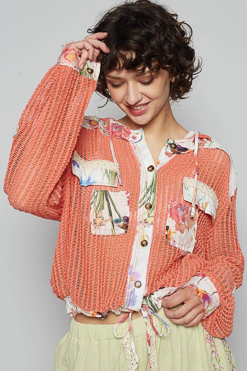 Boho Chic Lilac Mesh Button-Up Top with Floral Patchwork Detail