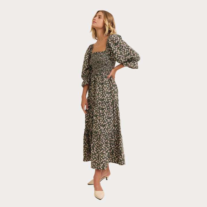 Floral Smocked Midi Dress | Square Neck & Puff Sleeve