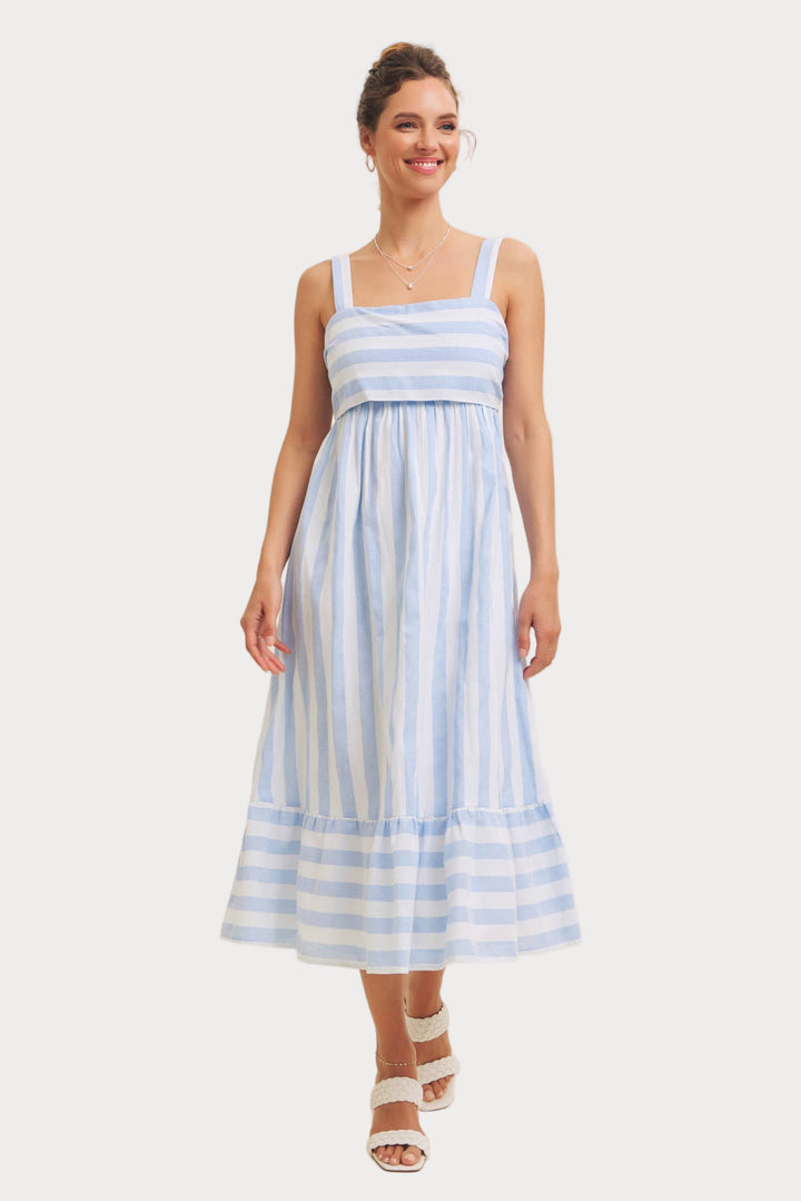 Blue & White Striped Midi Dress | Coastal Square Neck Tiered Dress