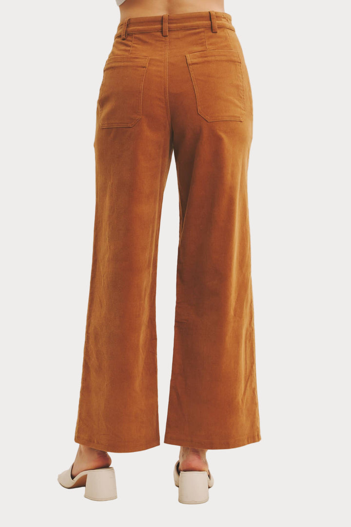 Brown corduroy pants on a plain background