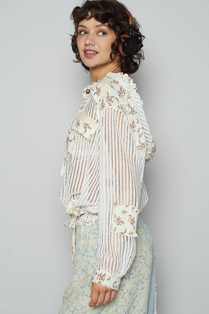Boho Chic Lilac Mesh Button-Up Top with Floral Patchwork Detail