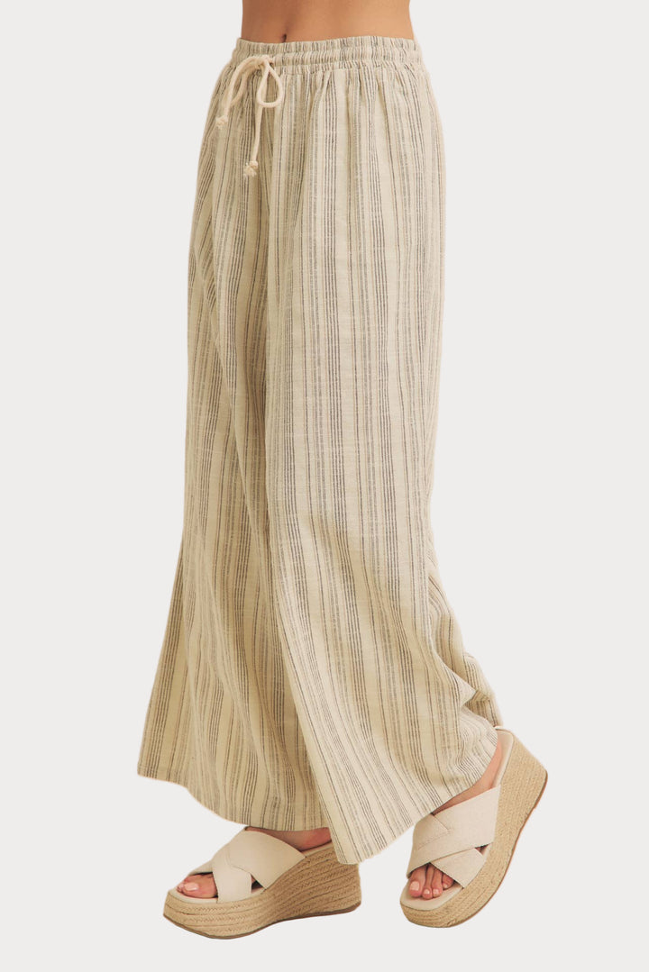 Striped Linen Wide Leg Pants | Cream & Black Drawstring Trousers-Leg Pants