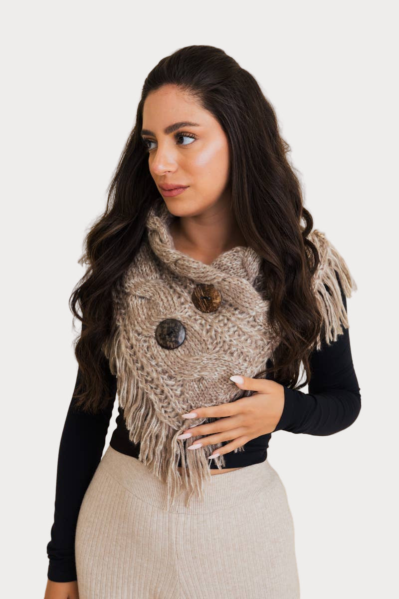 Heathered Shoulder Warmer with Coco Buttons – Cozy Textured Layers