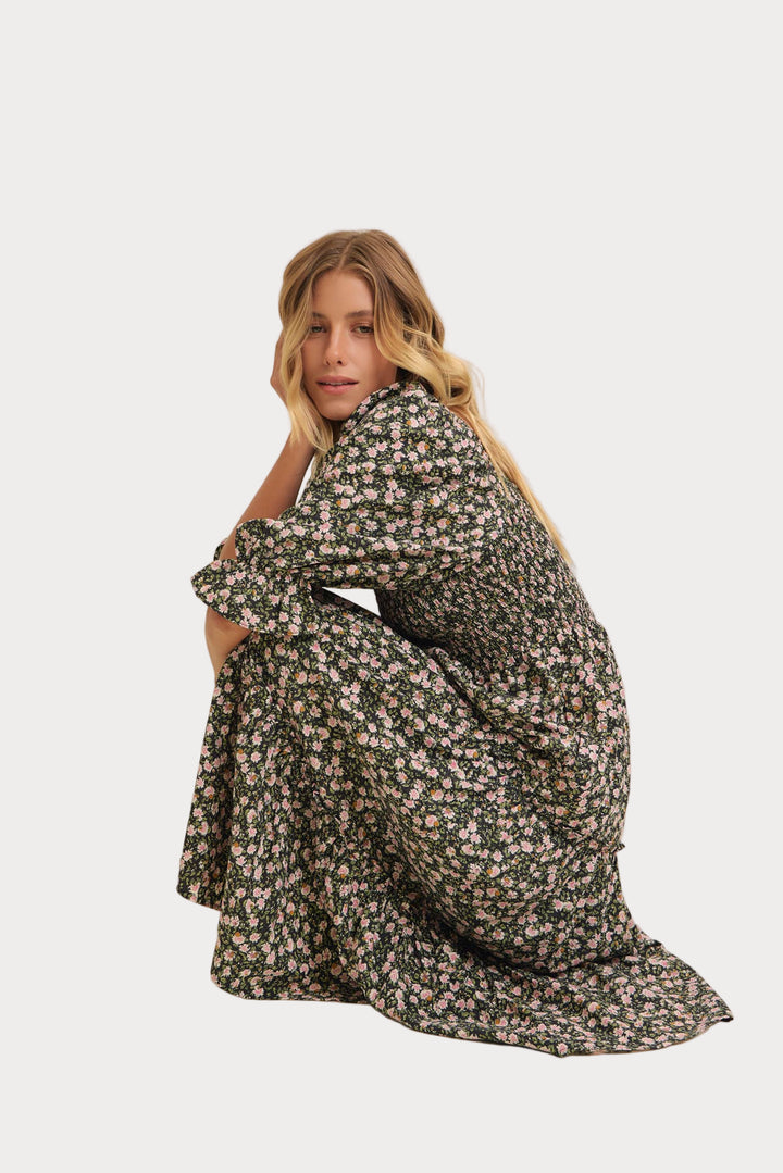 Floral Smocked Midi Dress | Square Neck & Puff Sleeve
