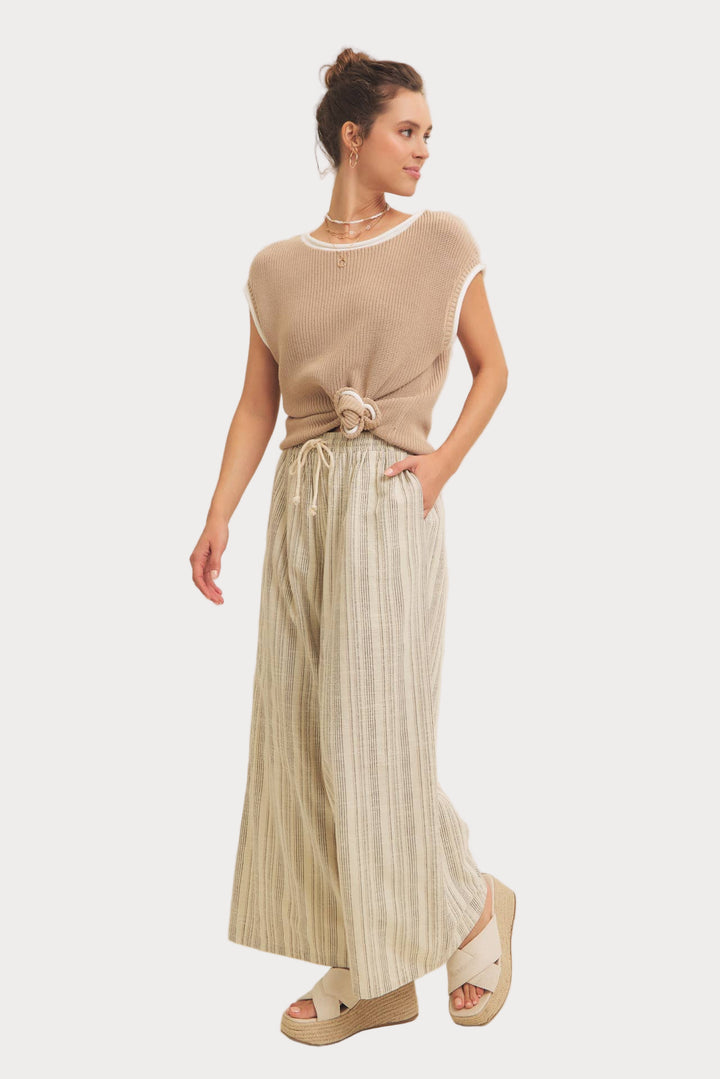 Striped Linen Wide Leg Pants | Cream & Black Drawstring Trousers-Leg Pants