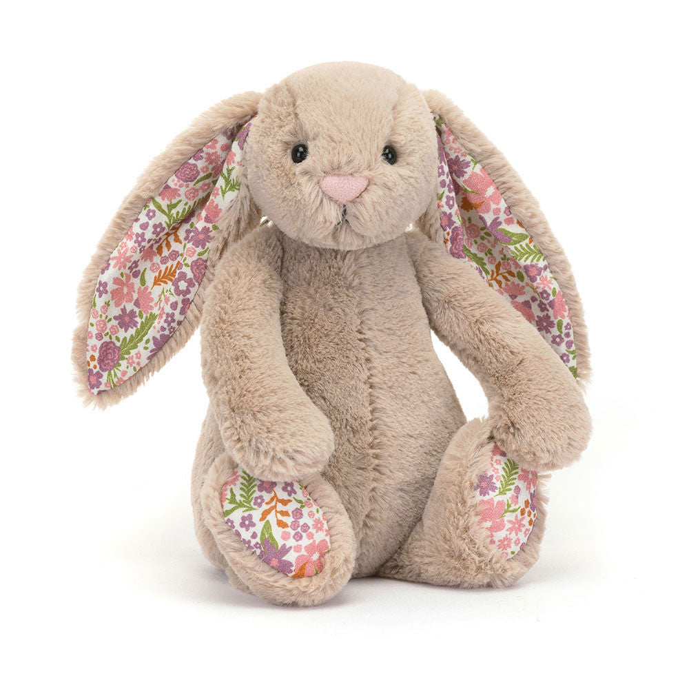 Soft beige plush bunny with floral-patterned ears and paws, Blossom Beige Bunny Petal