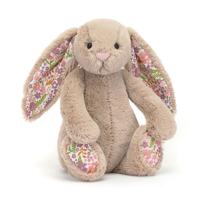 Soft beige plush bunny with floral-patterned ears and paws, Blossom Beige Bunny Petal