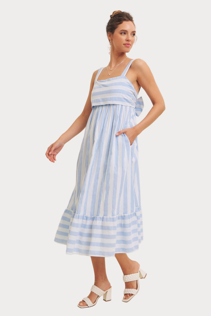 Blue & White Striped Midi Dress | Coastal Square Neck Tiered Dress