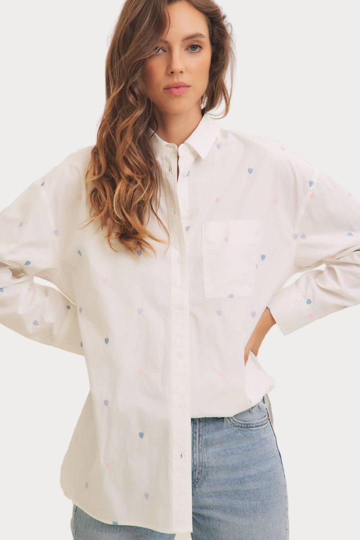 Heart Embroidered Button-Down Shirt | White with Pastel Details