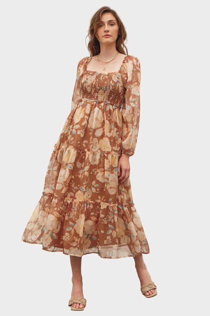Floral Smocked Midi Dress | Smocked Bodice & Balloon Sleeves