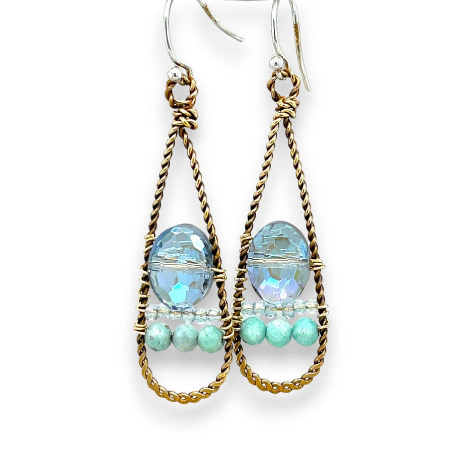Handcrafted earrings with amazonite and blue quartz gemstones set in twisted brass drops with sterling silver hooks, made by Art by Any Means in Rockport, Massachusetts.