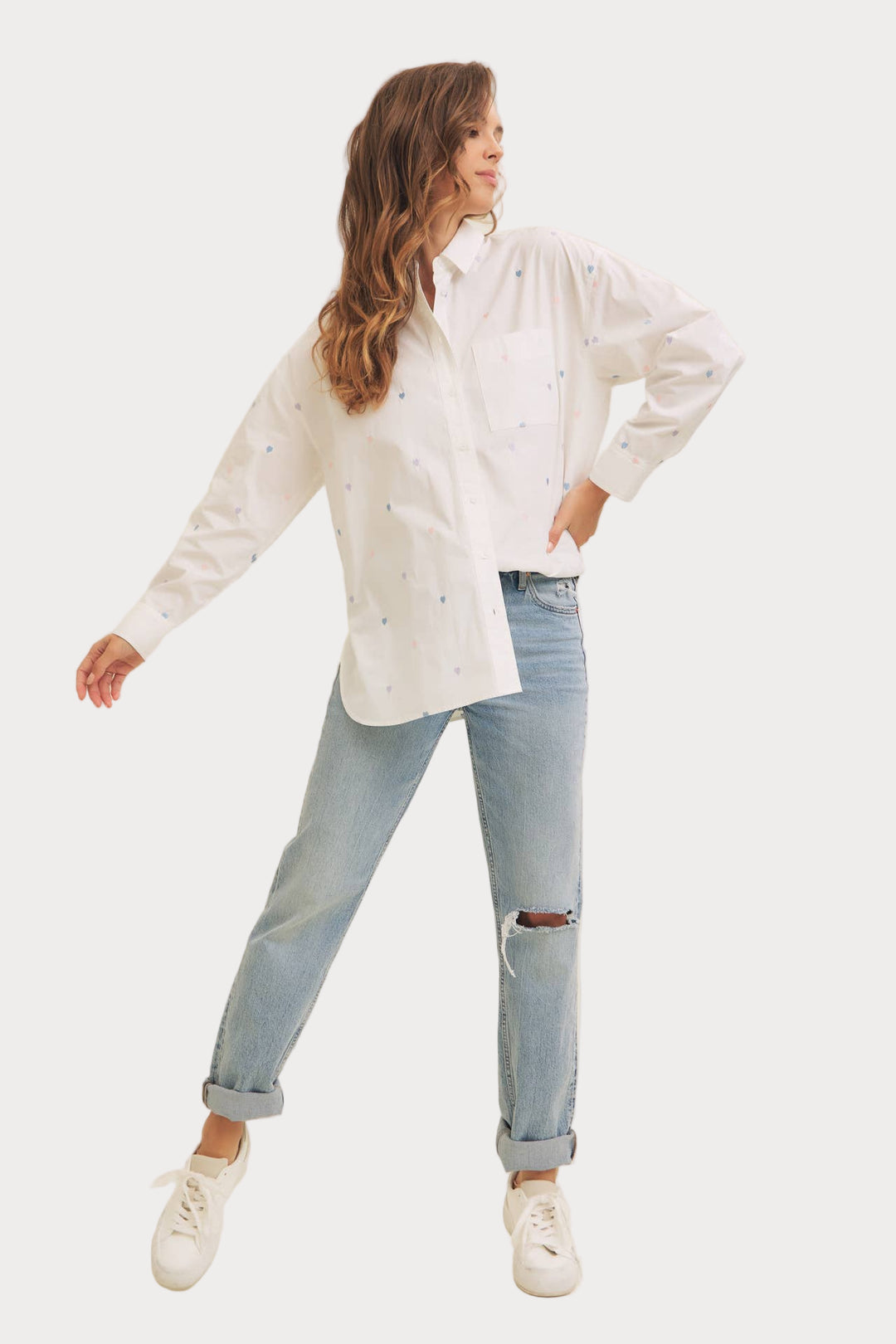 Heart Embroidered Button-Down Shirt | White with Pastel Details