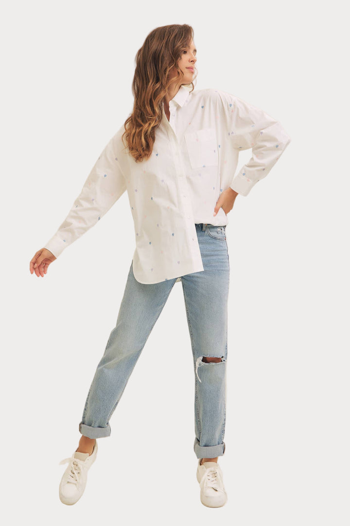 Heart Embroidered Button-Down Shirt | White with Pastel Details