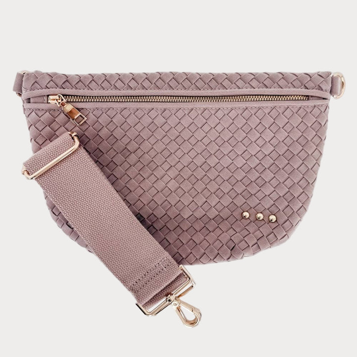Primrose: Woven suede bum bag in soft primrose pink with gold zipper and adjustable strap.