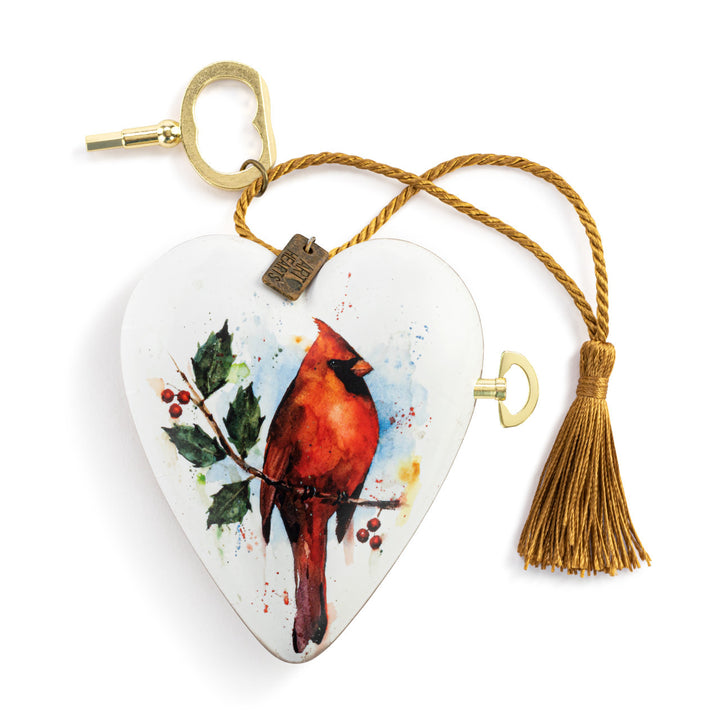 Cardinal Art Heart musical ornament with tassel and key