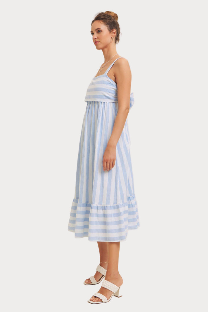 Blue & White Striped Midi Dress | Coastal Square Neck Tiered Dress