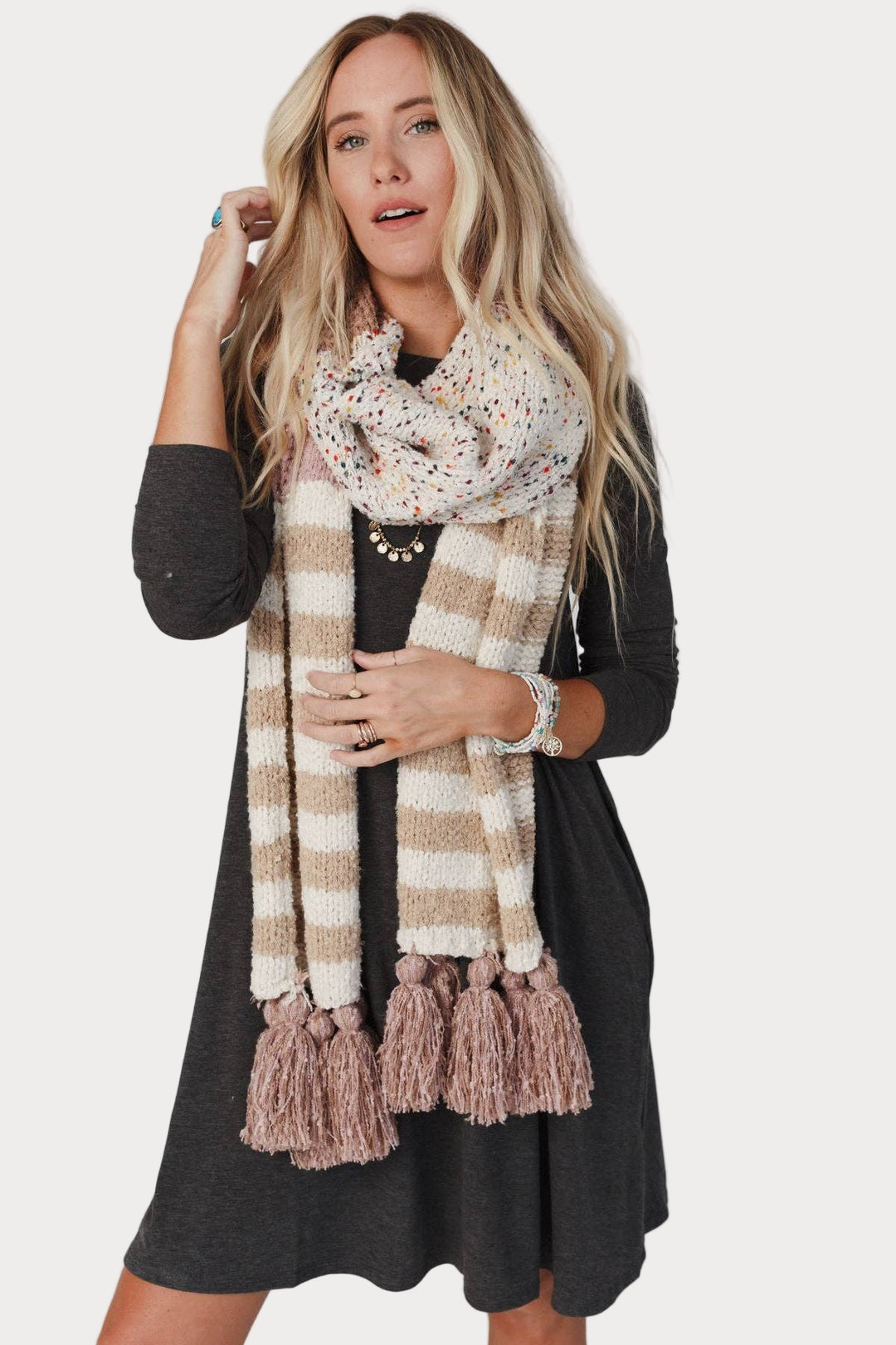 Boho Speckle Stripe Tassel Scarf – Cozy Textured Layers