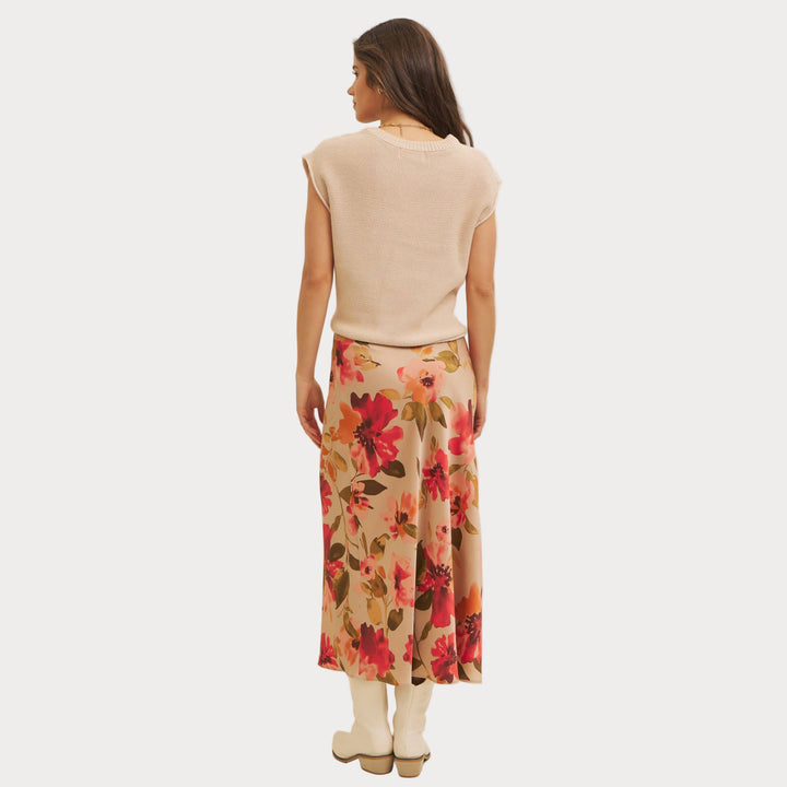 Floral Satin Bias Cut Maxi Skirt | Pink & Red Slip Skirt