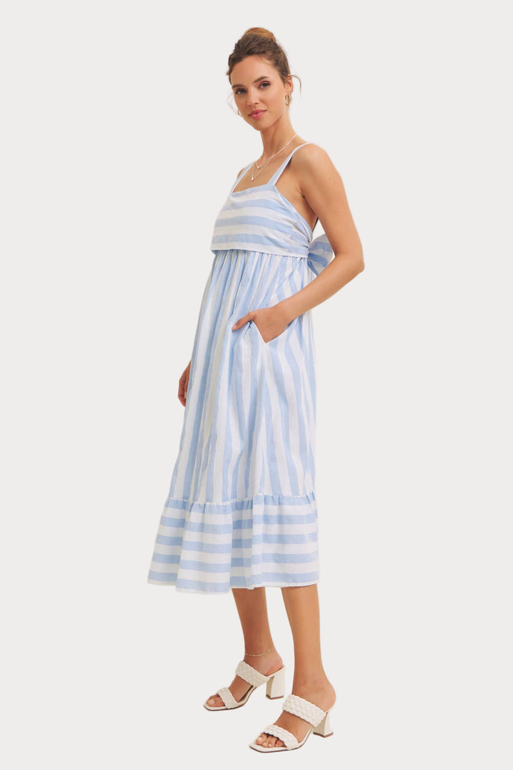 Blue & White Striped Midi Dress | Coastal Square Neck Tiered Dress