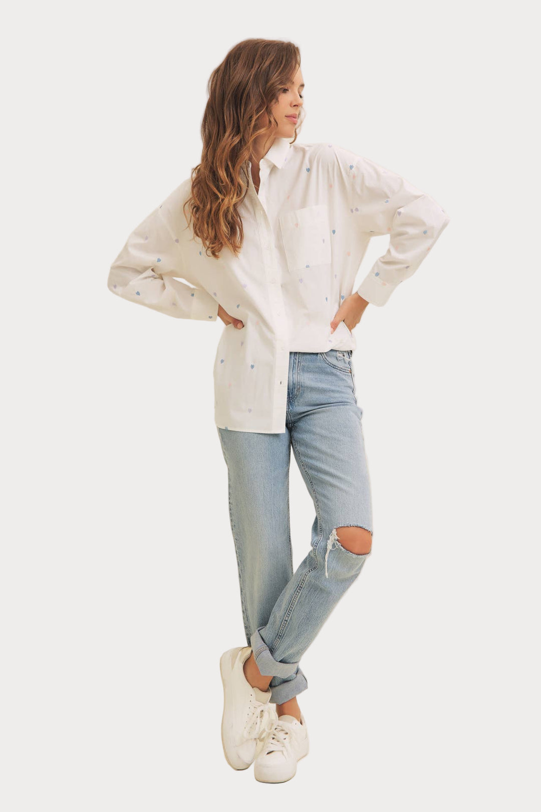 Heart Embroidered Button-Down Shirt | White with Pastel Details