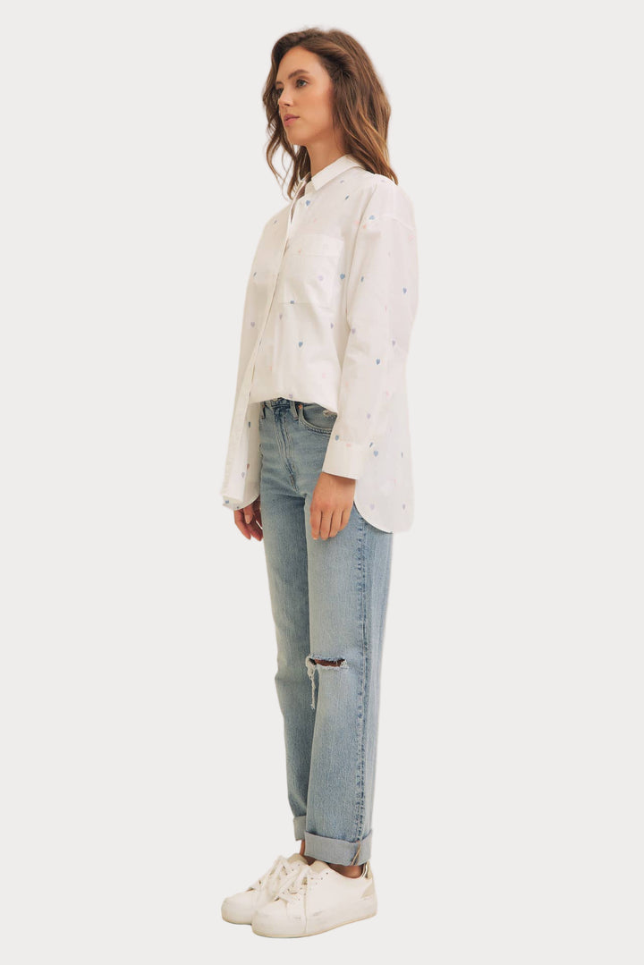 Heart Embroidered Button-Down Shirt | White with Pastel Details