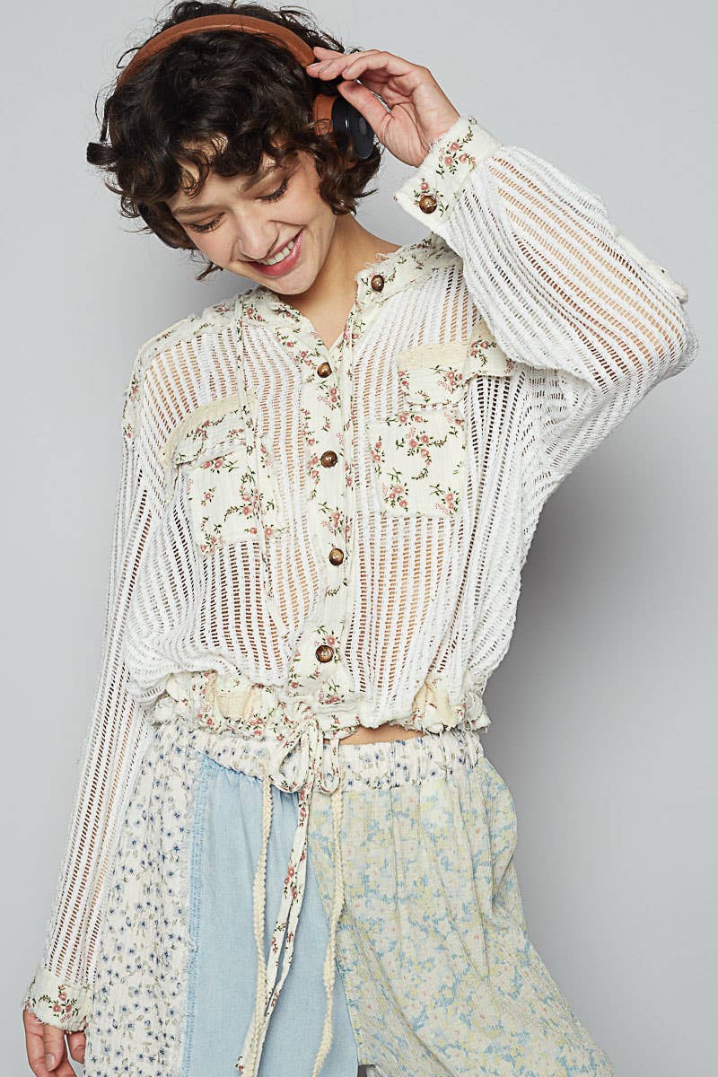 Boho Chic Lilac Mesh Button-Up Top with Floral Patchwork Detail