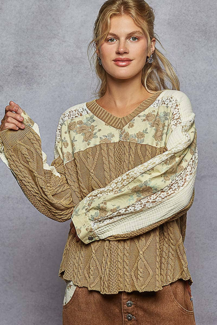 V-Neck Patchwork Sweater Top
