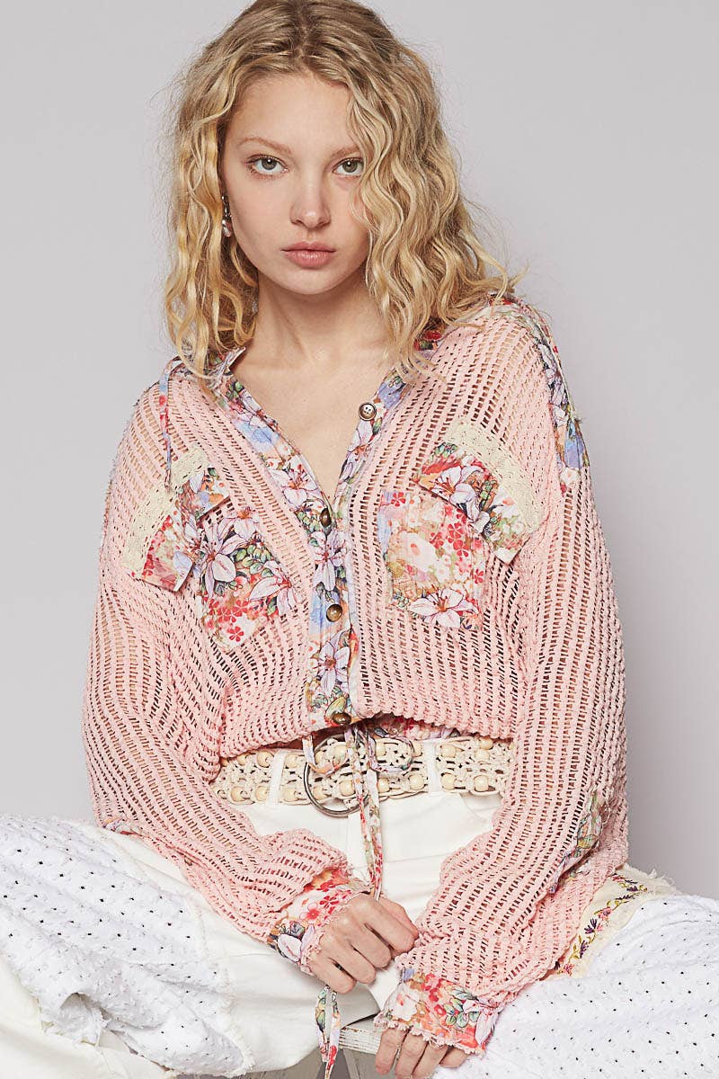 Boho Chic Lilac Mesh Button-Up Top with Floral Patchwork Detail