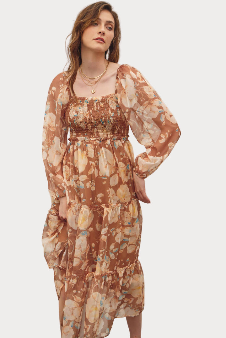 Floral Smocked Midi Dress | Smocked Bodice & Balloon Sleeves