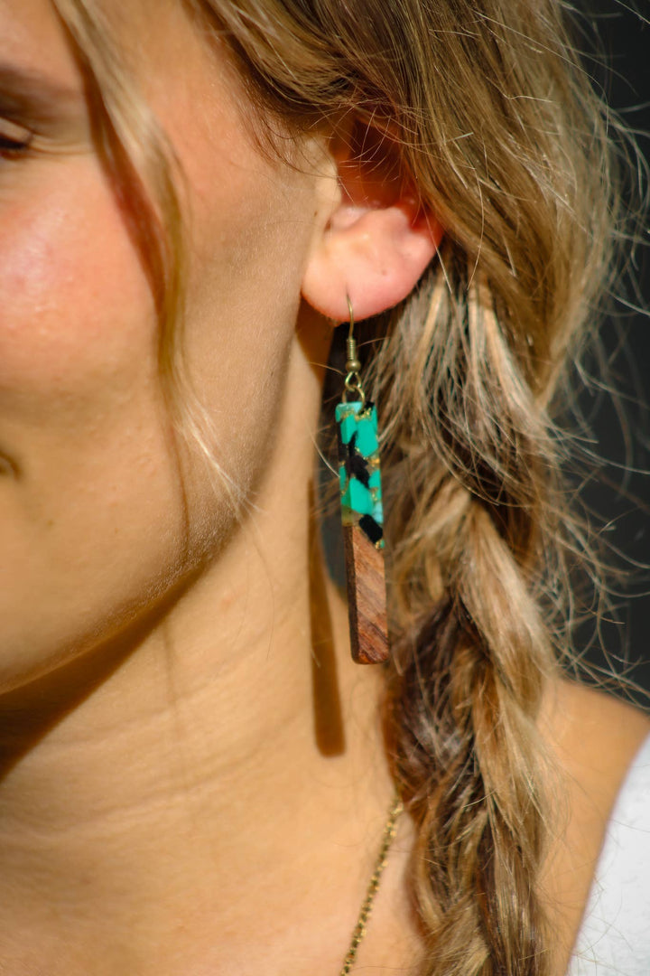 Aqua Gold Bohemian Earrings Long Boho Dangle Wood Resin