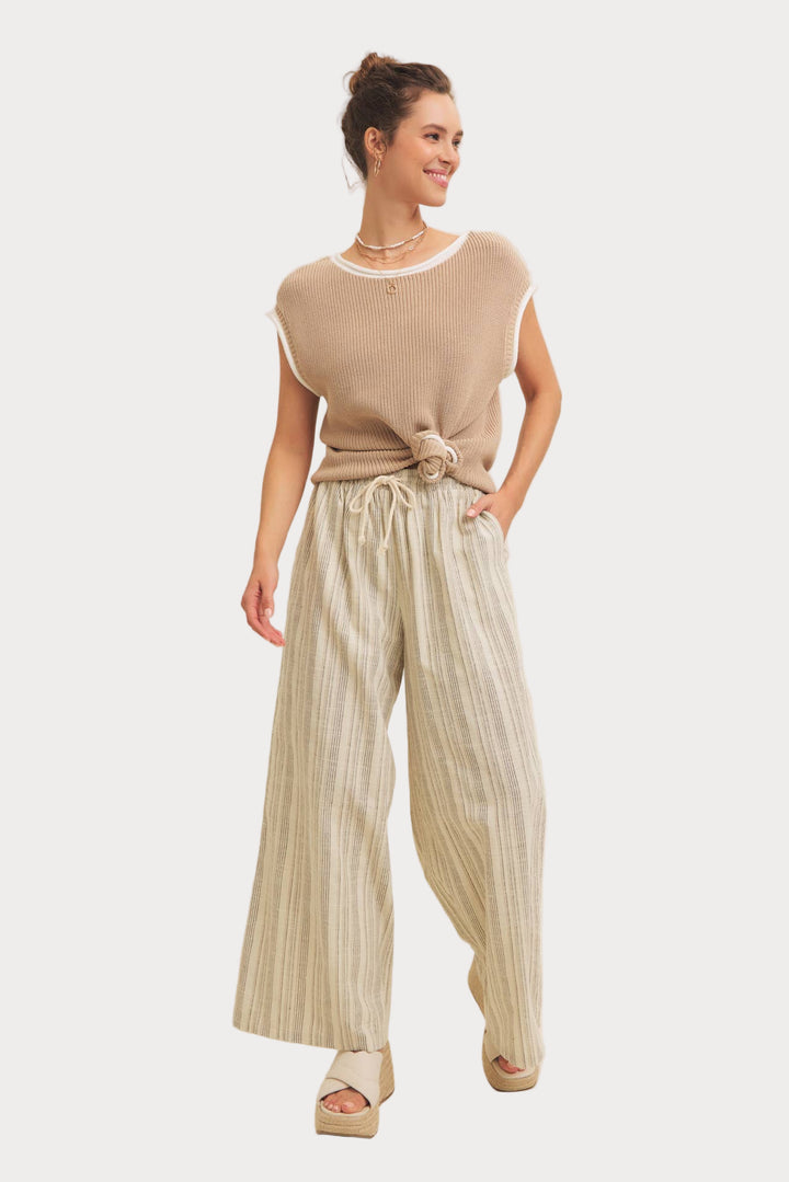 Striped Linen Wide Leg Pants | Cream & Black Drawstring Trousers-Leg Pants