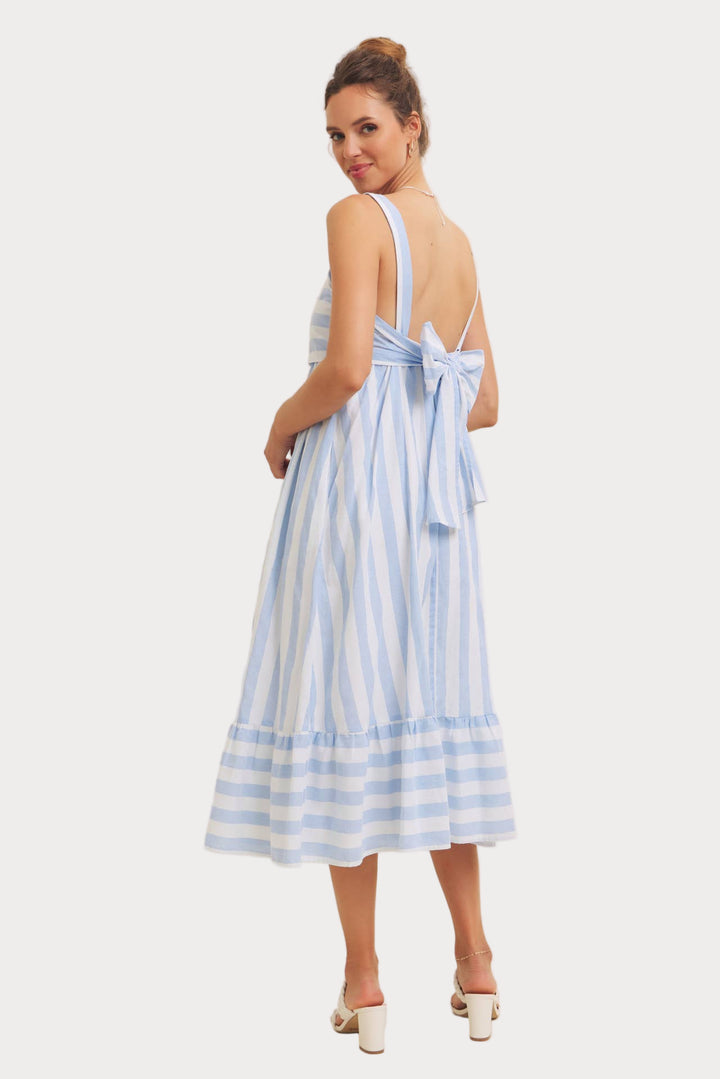 Blue & White Striped Midi Dress | Coastal Square Neck Tiered Dress